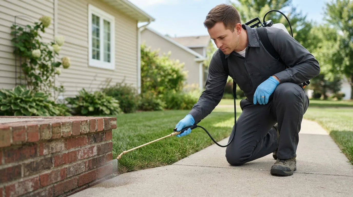 Pest control technician treating a home near La Fayette, GA